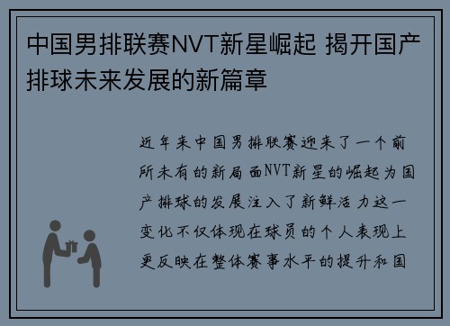 中国男排联赛NVT新星崛起 揭开国产排球未来发展的新篇章