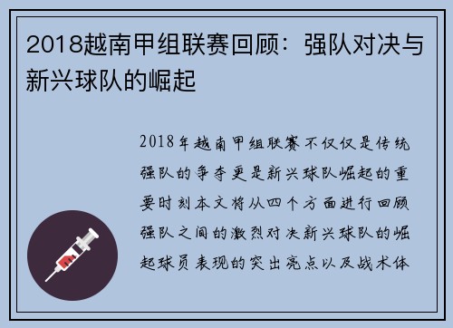 2018越南甲组联赛回顾:强队对决与新兴球队的崛起