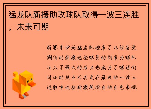 猛龙队新援助攻球队取得一波三连胜,未来可期